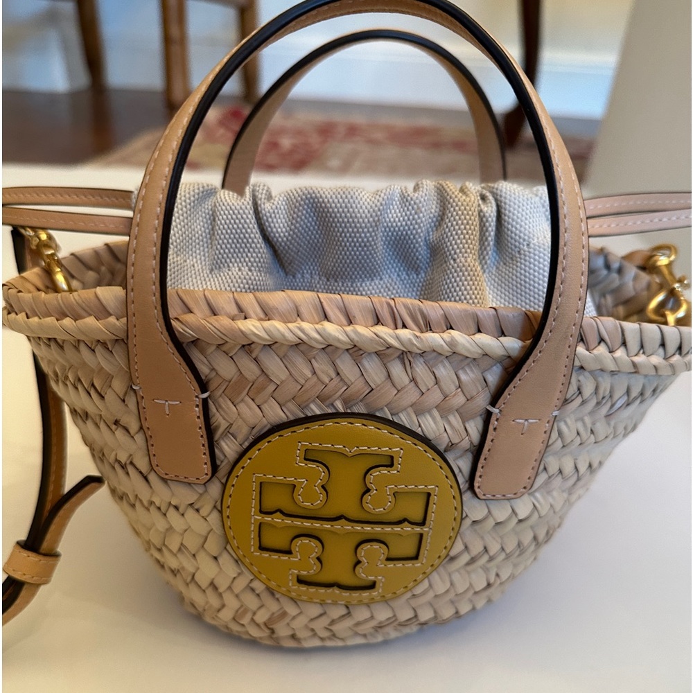Tory Burch Leather Trim Straw Bucket Bag